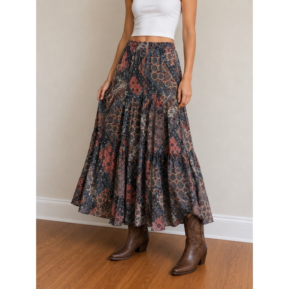 Boho Patchwork Print Tiered Maxi Skirt Large Festival Peasant Western Country